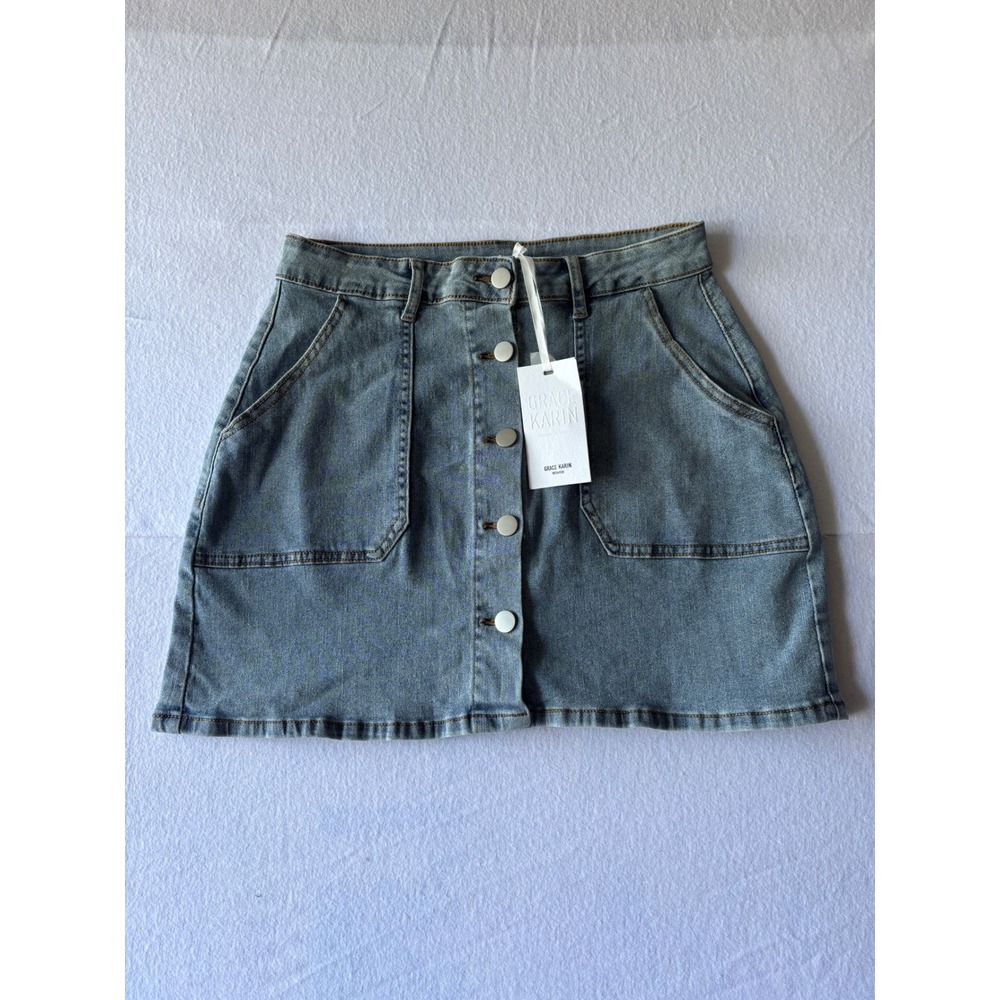 Grace Karin Light Wash Button Front Denim Mini Skirt High Waisted Size M